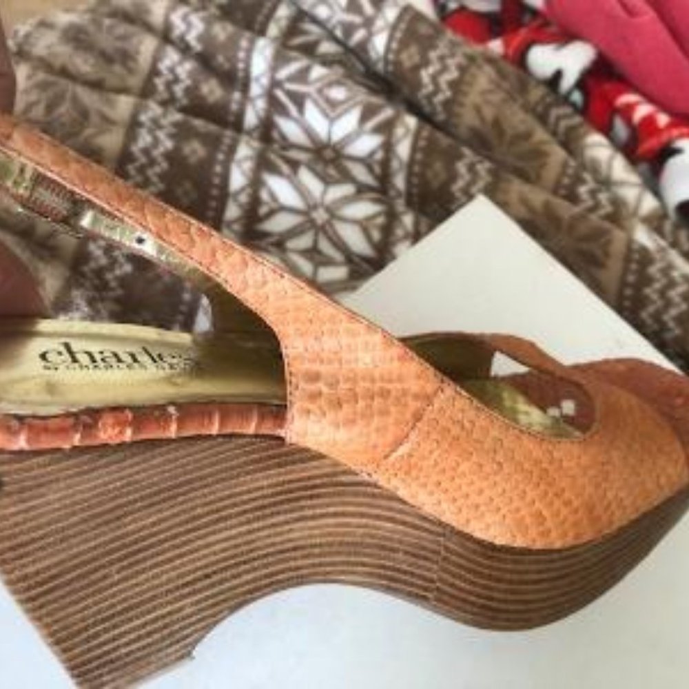 New Charles David Orange Snakeskin Wedge Heels